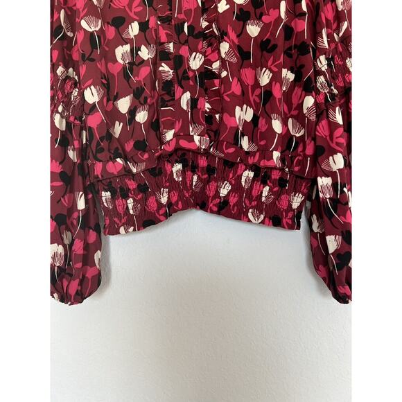 CABI Poppy Floral Blouse Sz M Ruffle Split Neck Balloon Sleeves Ruche Waist Boho - Picture 4 of 12